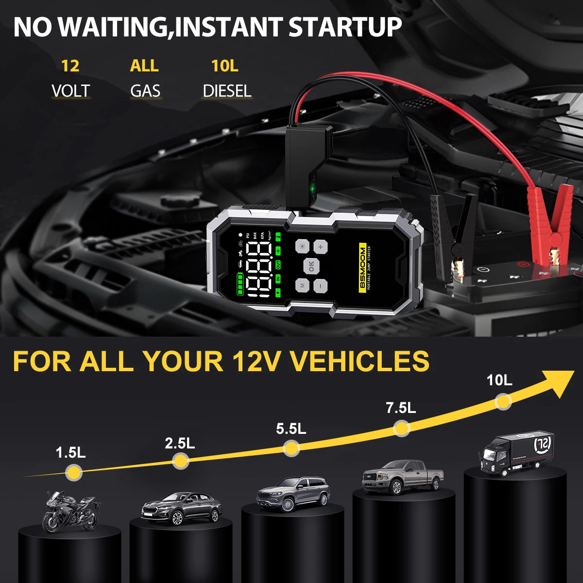 7000A Car Jump Starter with Air Compressor Battery Booster 12V Power Bank with LED Flashlight, Smart Cable with Voltage Display
