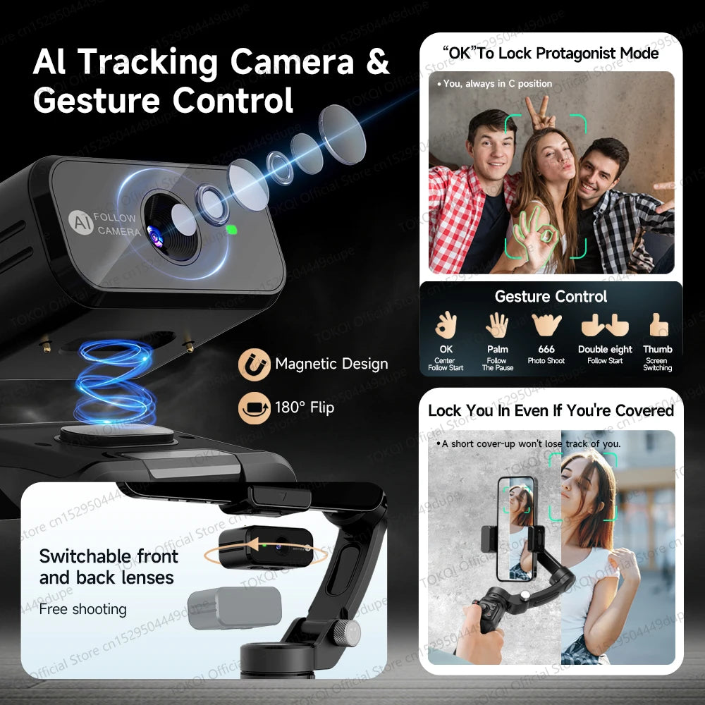 TOKQI M03 Handheld Gimbal 3-Axis AI Tracking Stabilizer with Wireless Microphone for Smartphones Shooting Vlog, with Fill Light