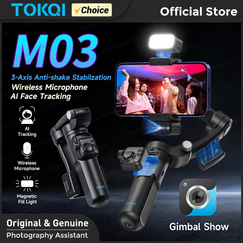 TOKQI M03 Handheld Gimbal 3-Axis AI Tracking Stabilizer with Wireless Microphone for Smartphones Shooting Vlog, with Fill Light