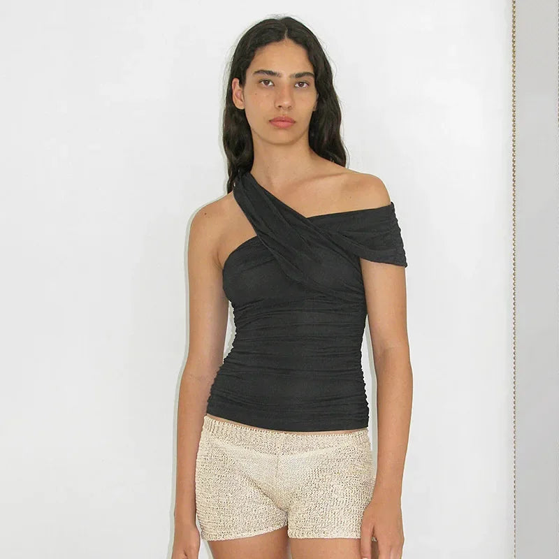 Cross-Neck Asymmetrical See-Through Top