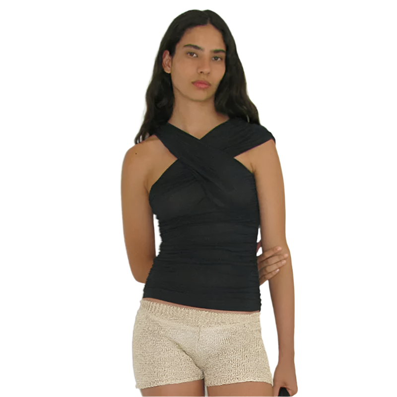 Cross-Neck Asymmetrical See-Through Top