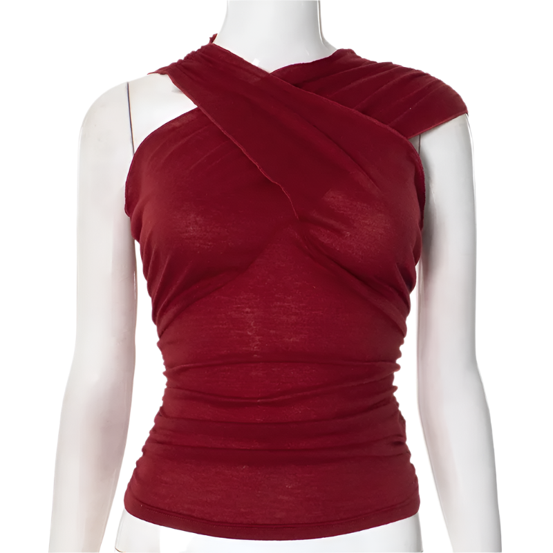 Cross-Neck Asymmetrical See-Through Top