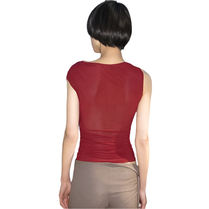 Cross-Neck Asymmetrical See-Through Top