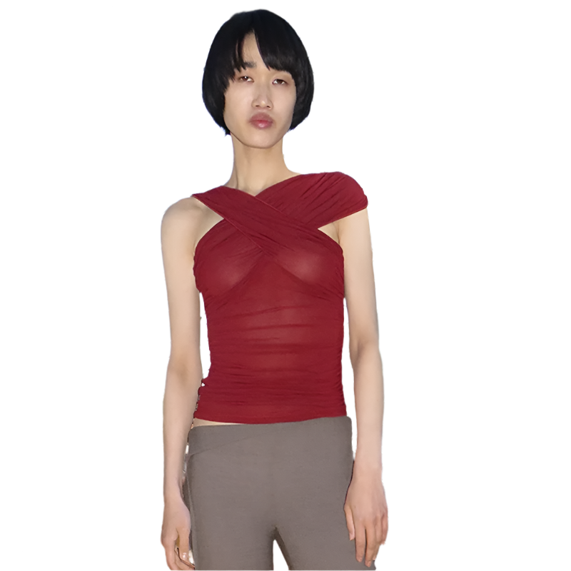 Cross-Neck Asymmetrical See-Through Top