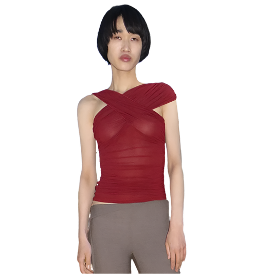 Cross-Neck Asymmetrical See-Through Top