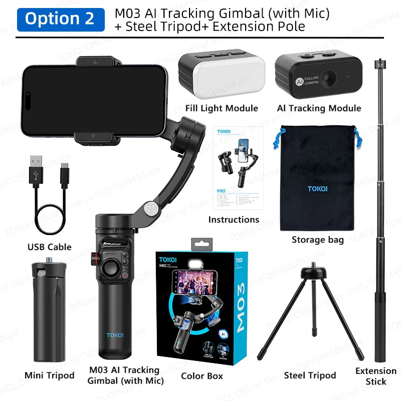 TOKQI M03 Handheld Gimbal 3-Axis AI Tracking Stabilizer with Wireless Microphone for Smartphones Shooting Vlog, with Fill Light