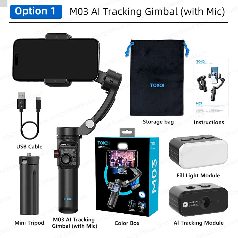 TOKQI M03 Handheld Gimbal 3-Axis AI Tracking Stabilizer with Wireless Microphone for Smartphones Shooting Vlog, with Fill Light