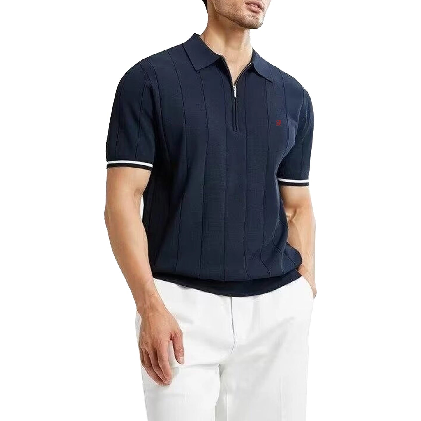 Ribbed Knit Quarter Zip Polo Shirt