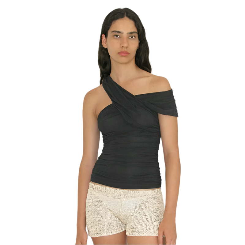 Cross-Neck Asymmetrical See-Through Top