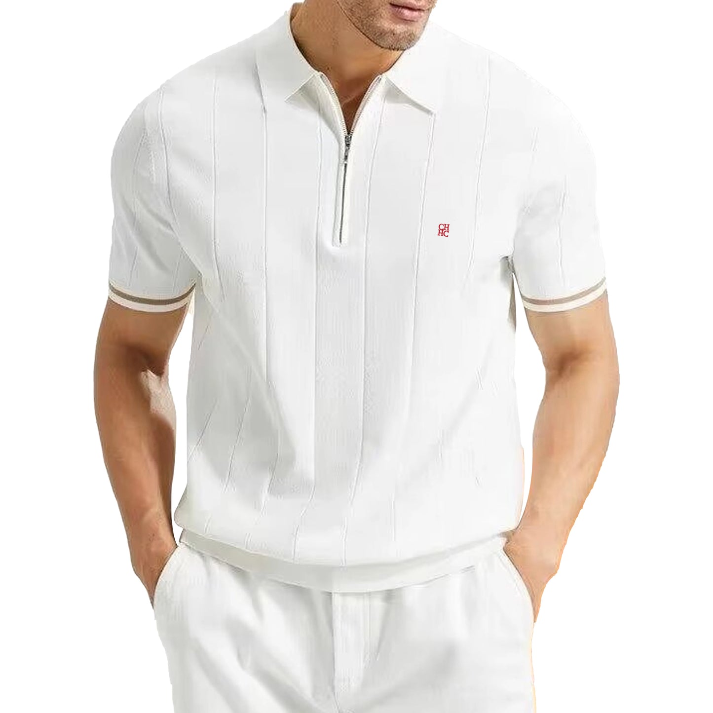 Ribbed Knit Quarter Zip Polo Shirt