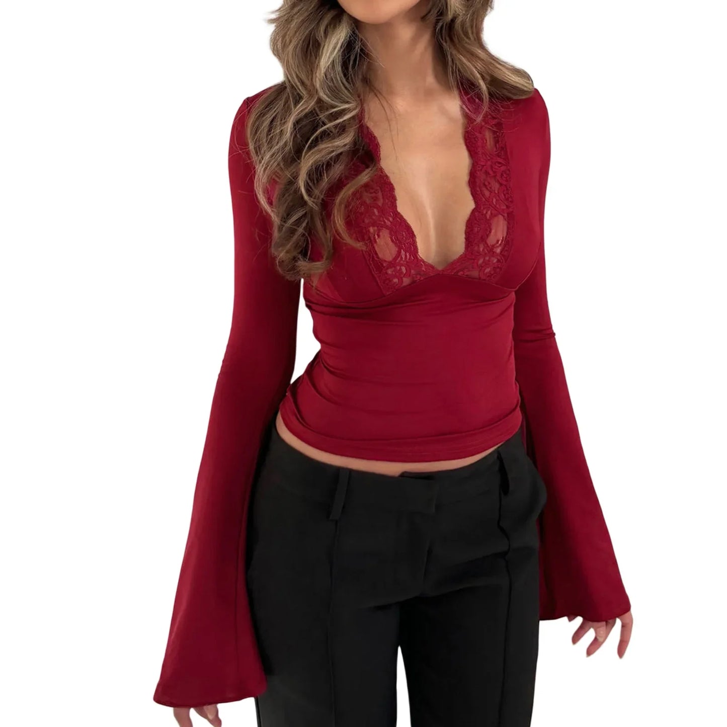 Lace Trim V Neck Bell Sleeve Shirt