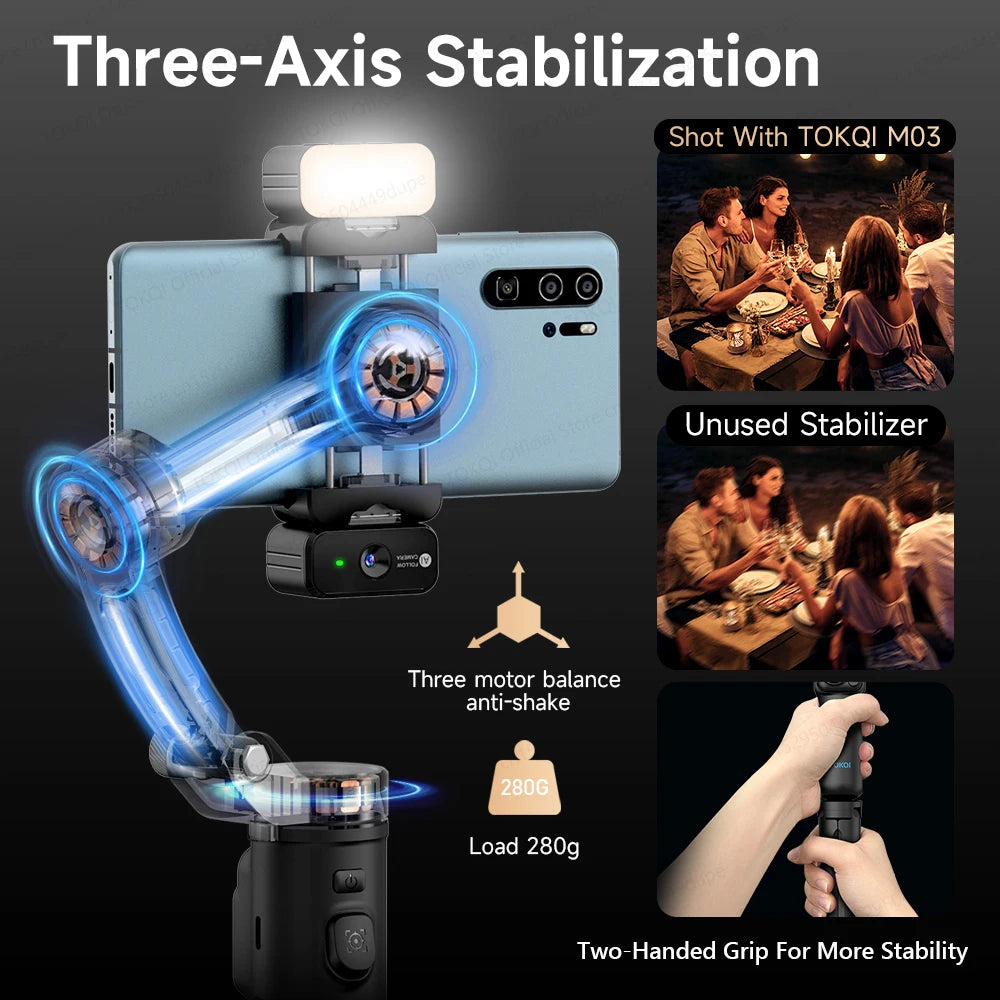TOKQI M03 Handheld Gimbal 3-Axis AI Tracking Stabilizer with Wireless Microphone for Smartphones Shooting Vlog, with Fill Light